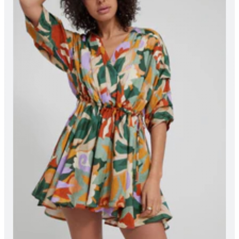 Abstract Floral Print Green & Orange Mini Dress